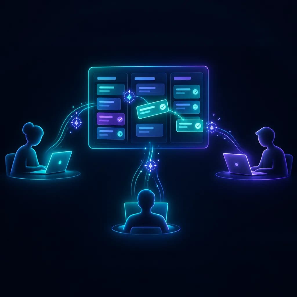 Illustration of a remote team working on a shared project board with the help of AI